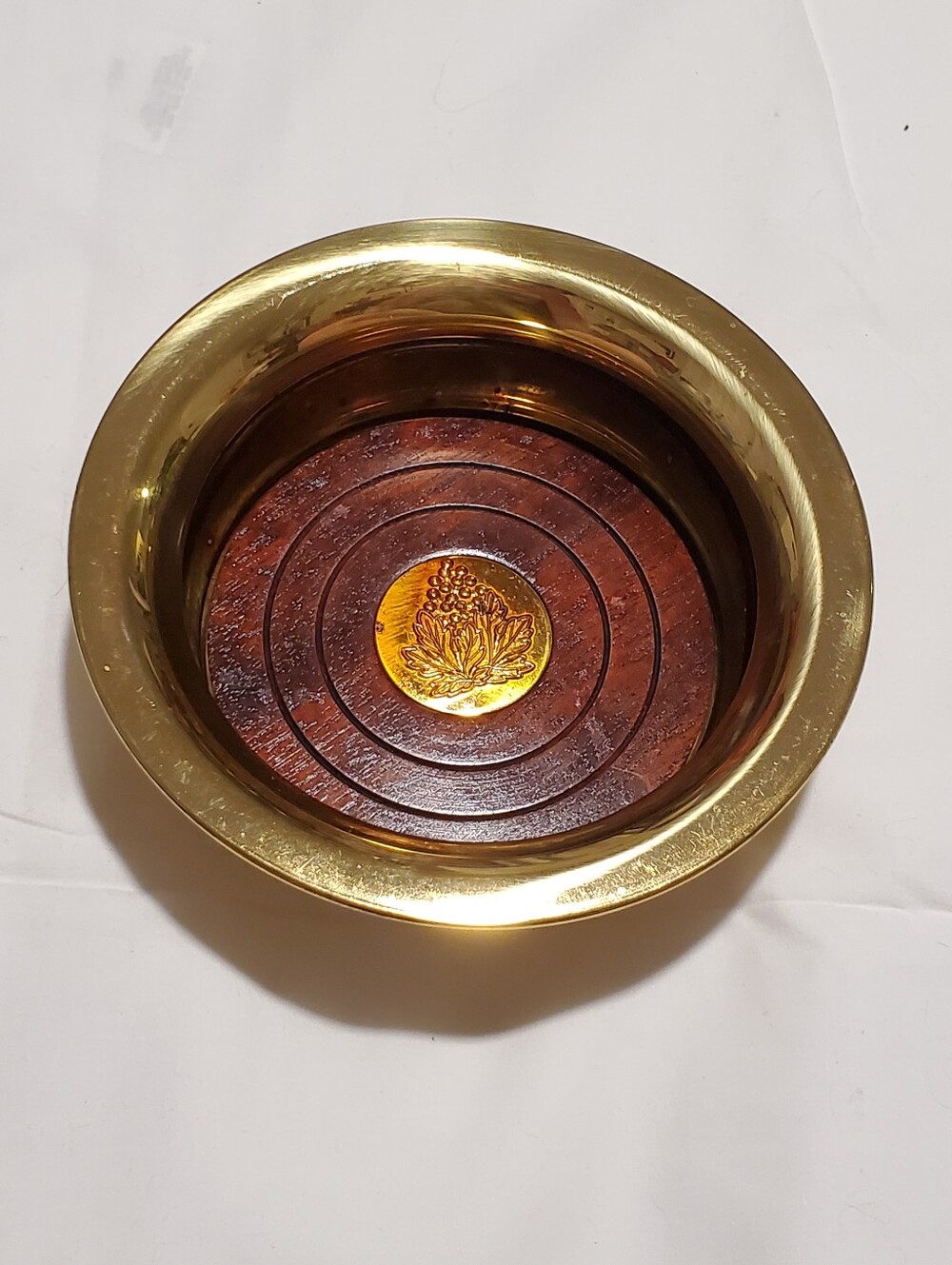 Brass and Wood Serving Bowl with Decorative Medallion - Gold and Brown